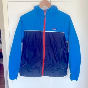 Patagonia boys rain jacket blue 14 hoodie shell raincoat